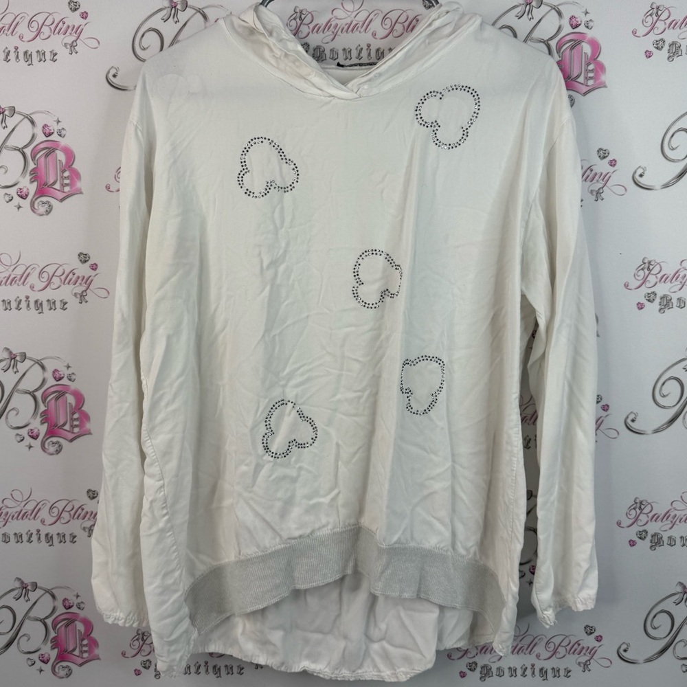 Kar-ma sweater rhinestone details Italy White Hooded Top with Heart Accents